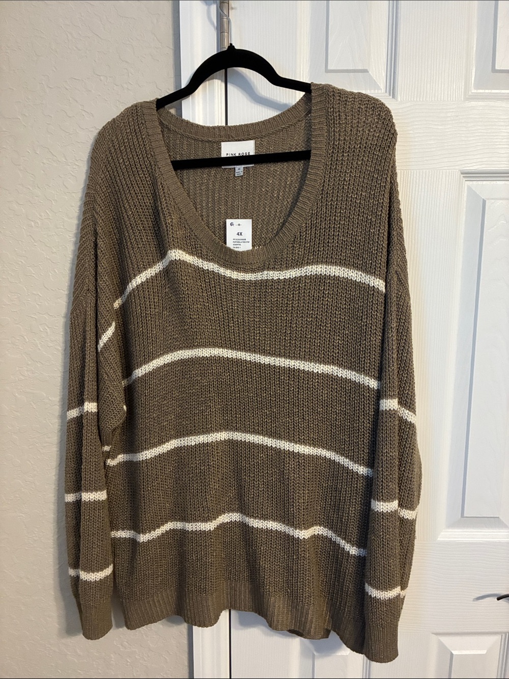 Pink Rose Taupe and White Striped V-Neck Sweater